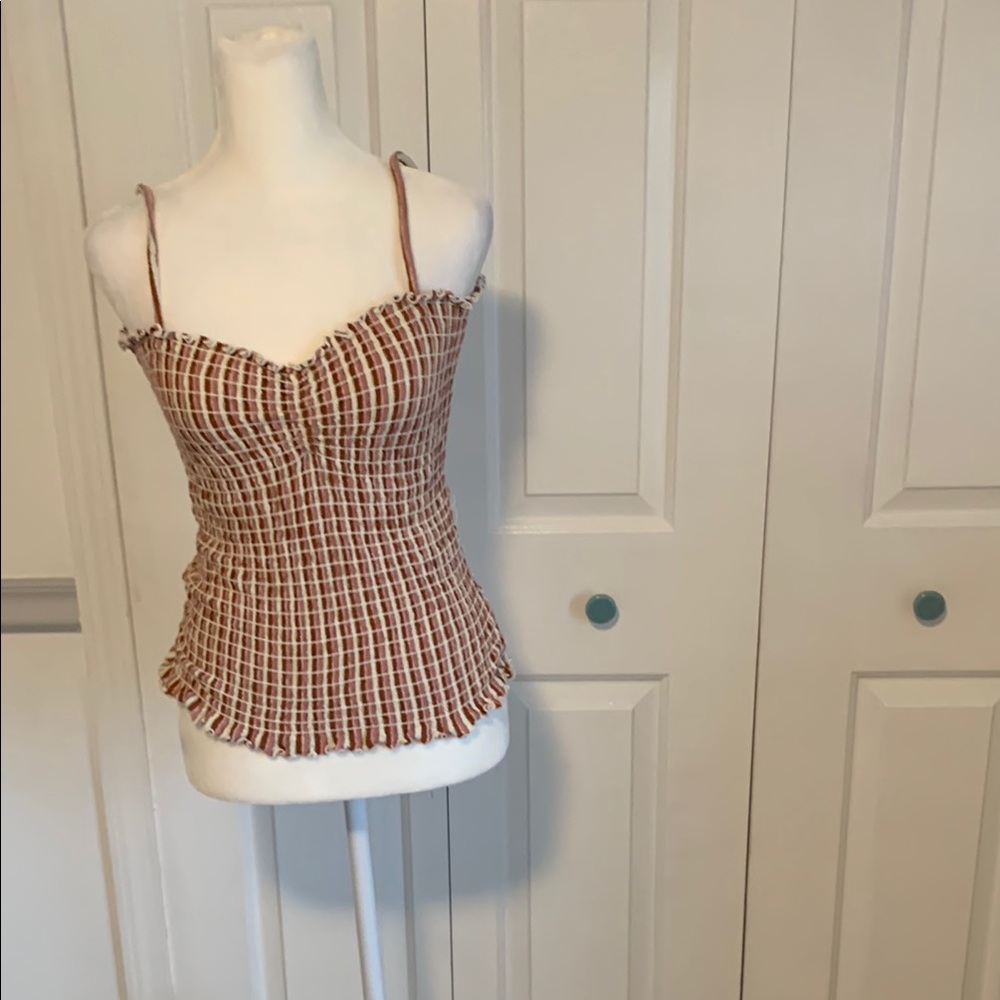 Madewell Brown and White Smocked Camisole Top